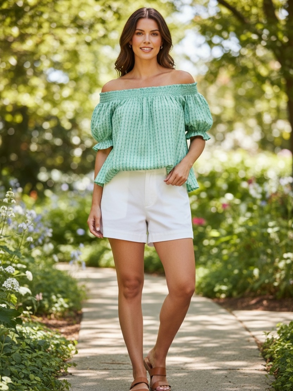 Flying Tomato Off-Shoulder Mint Green Smocked Blouse